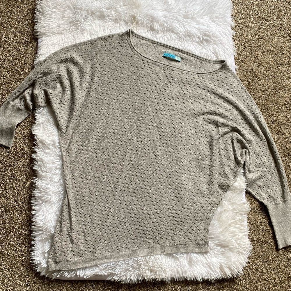 Alice & Olivia Asymmetrical Sweater Top Shimmer Thin Lightweight Sparkly Sheer